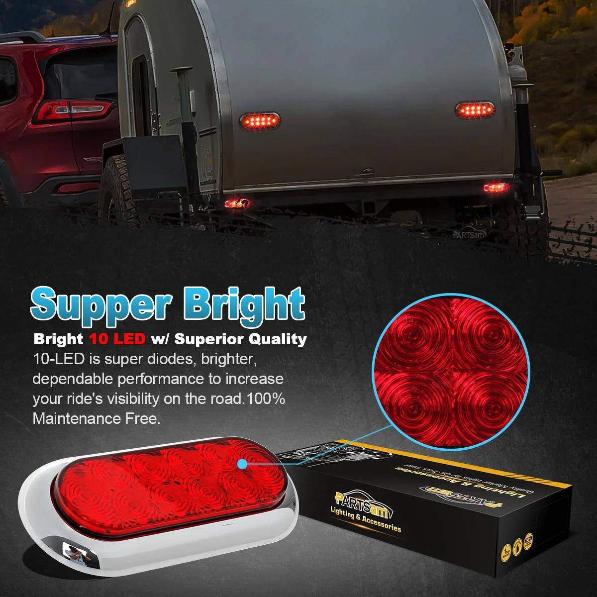 2PCS 6inch Oval Chrome Trailer Truck Red 10 LED Surface Mount Stop Turn Tail Lights - Image 3