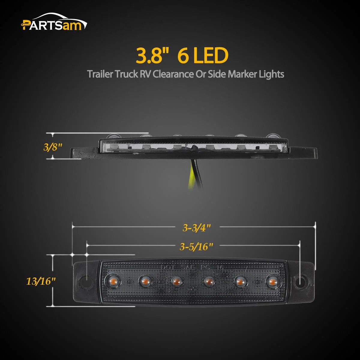 Partsam 10Pcs 3.8 Inch Smoked Thin line Trailer Led Side Marker Clearance Lights 6 LED Surface Mount Amber/Red Trailer marker lights, Led marker lights for trucks, Truck cab marker lights, RV marker light - Image 4
