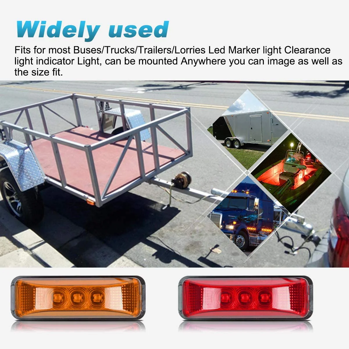 Partsam 10Pcs 3.9" Thin line Trailer Led Side Marker and Clearance Lights 3LED with Reflectors Submersible Sealed 12V Surface Mount for Truck Trailer Boats, Rectangular LED trailer light (5Amber+5Red) - Image 4