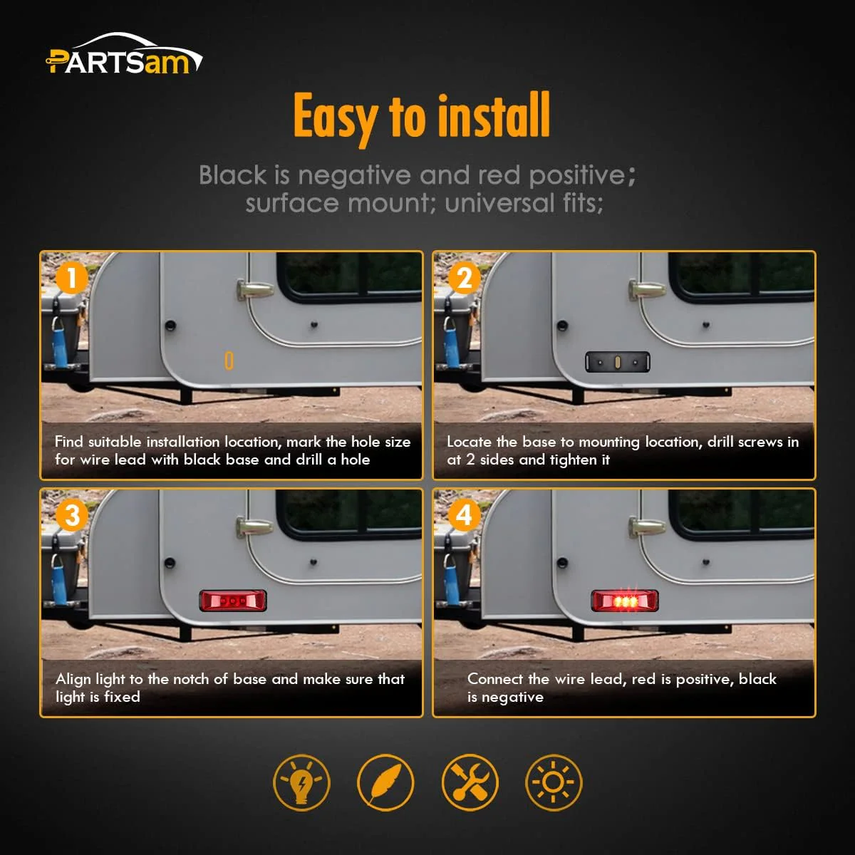 Partsam 10Pcs 3.9" Thin line Trailer Led Side Marker and Clearance Lights 3LED with Reflectors Submersible Sealed 12V Surface Mount for Truck Trailer Boats, Rectangular LED trailer light (5Amber+5Red) - Image 7