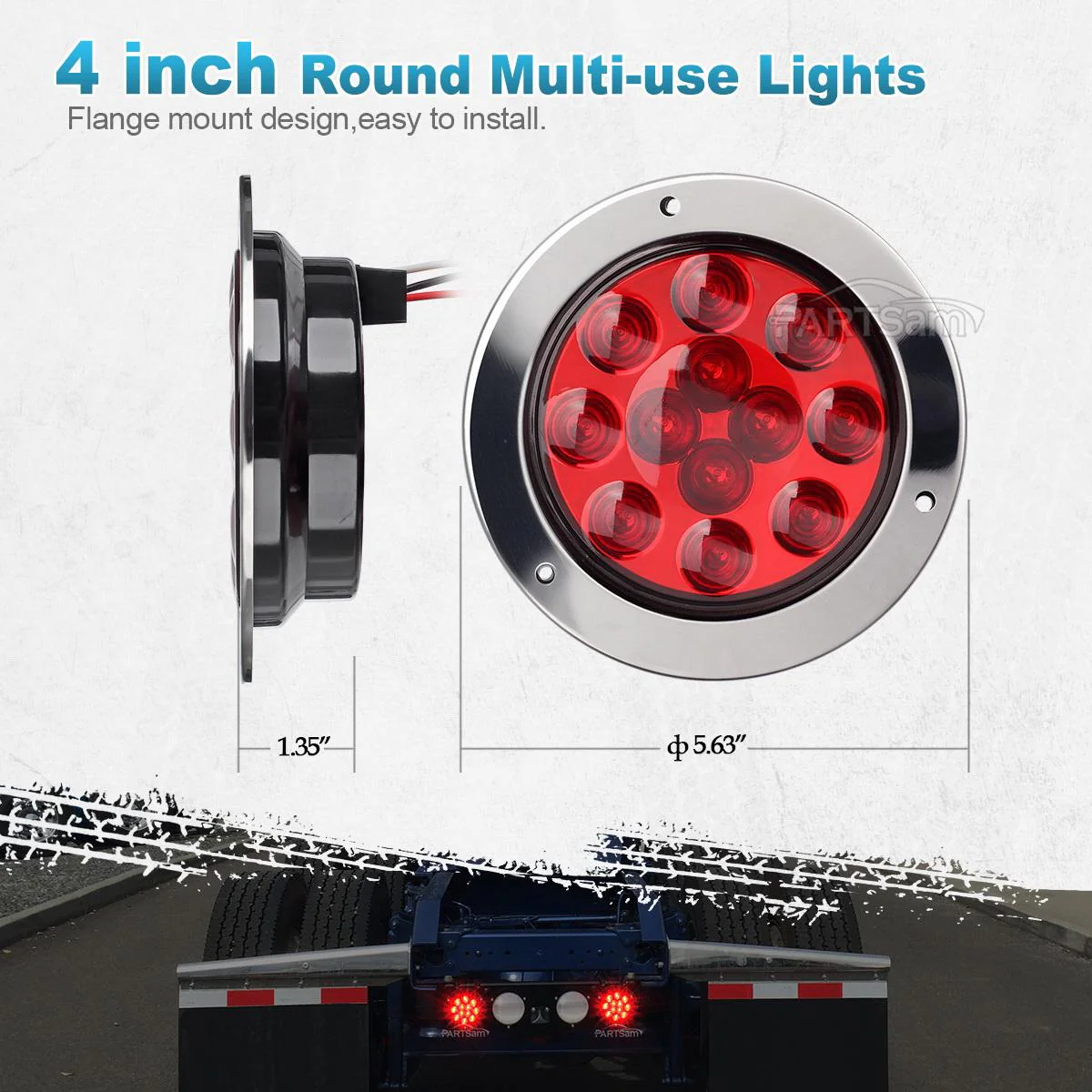 Partsam 10Pcs Red 4inch Inch Round LED Trailer Tail Lights 12LED Flange Mount Stainless Steel Chrome Bezel Waterproof Stop Turn Tail Brake Lights Replacement for Trucks RV 12V - Image 10