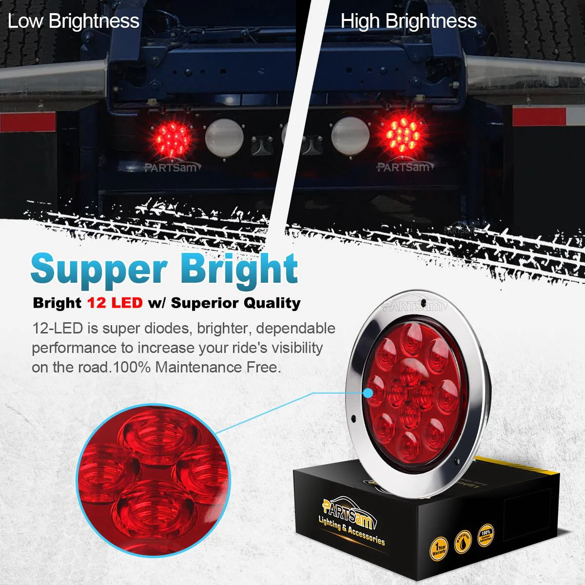 Partsam 10Pcs Red 4inch Inch Round LED Trailer Tail Lights 12LED Flange Mount Stainless Steel Chrome Bezel Waterproof Stop Turn Tail Brake Lights Replacement for Trucks RV 12V - Image 8