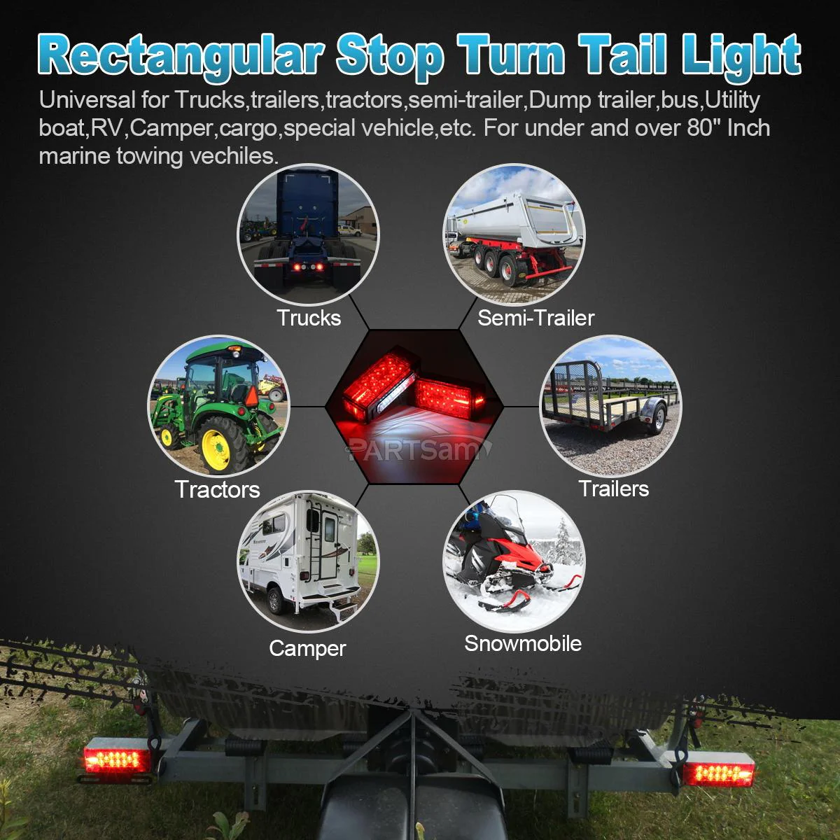 Partsam 12V LED Submersible Low Profile Rectangular Trailer Lights, Waterproof LED Combination Trailer Tail Light Kit Stop Brake License Plate Turn Running Lights Sealed for Boat Trailer Lights Truck - Image 7