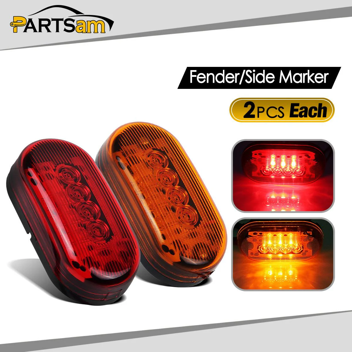 Partsam 2 Amber + 2 Red 12V 4inch x 2inch Oval Led Truck Side Marker Light Surface Mount 10 Diodes, Sealed Trailer Led Clearance and Side Marker Lights, Black Base, Rectangular Rectangle Led Lights - Image 3