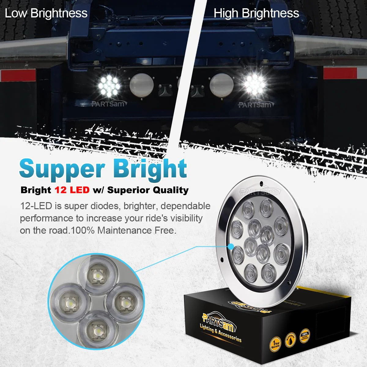 Partsam 2PCS 12 LED White 4inch Round Backup Reverse Lights Marker w/ Stainless Rings Sealed - Image 9