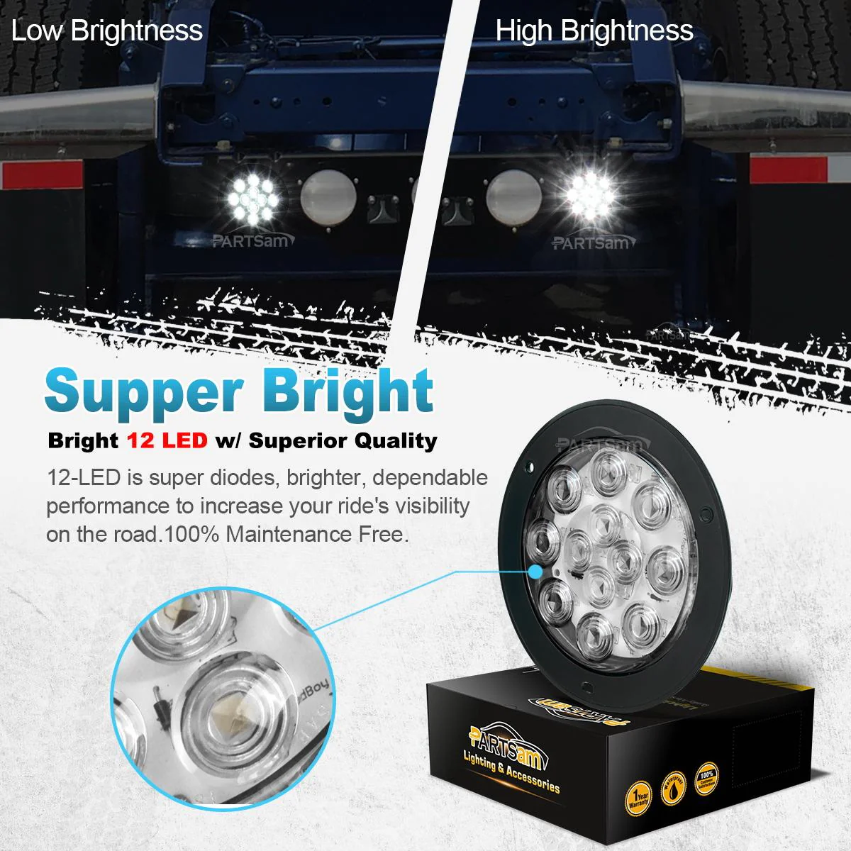 Partsam 2PCS 4inch Waterproof Backup Reverse Light Flange Mount 12 LED Truck Trailer RV White - Image 9