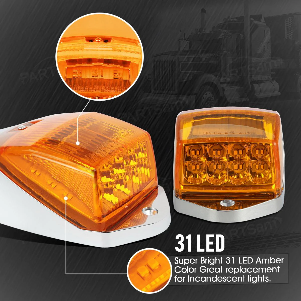 Partsam 31LED Amber Cab Marker Light Waterproof Top Roof Running Cab Lights Compatible with Peterbilt/Kenworth/Freightliner//Western Star/Mack/International/Paccar Trailer Trucks - Image 4
