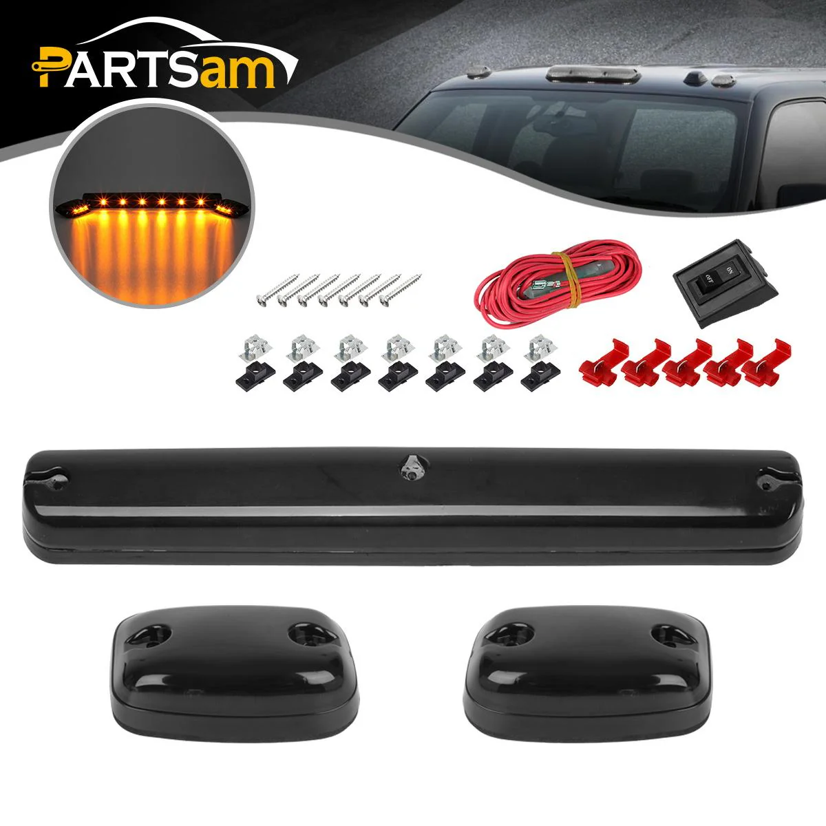 Partsam 3X Smoke Cab Light Amber 12LED Cab Marker Top Roof Running Light Assembly + Wire Harness Compatible with Silverado/ Sierra 1500 2500 2500HD 3500 3500HD 2014 2500HD 3500HD 2007-2013 - Image 3