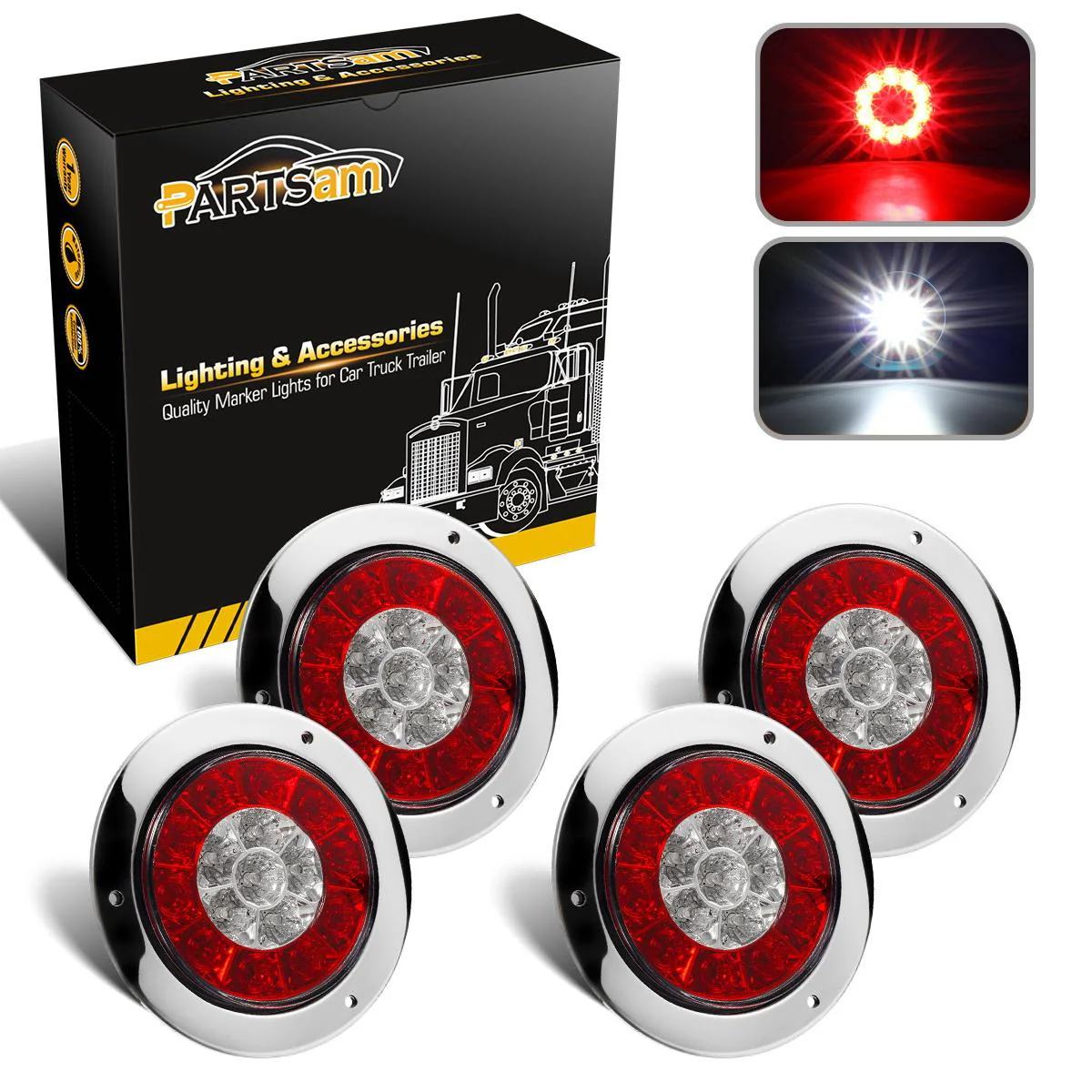 Partsam 4Pcs 4 Inch Round LED Trailer Tail Lights White Red Flange Mount w Reflectors 16 LED DC 12V Sealed Waterproof Stop Brake Tail Running Reverse Backup Lights Lamps for RV Trailer Trucks - Image 3