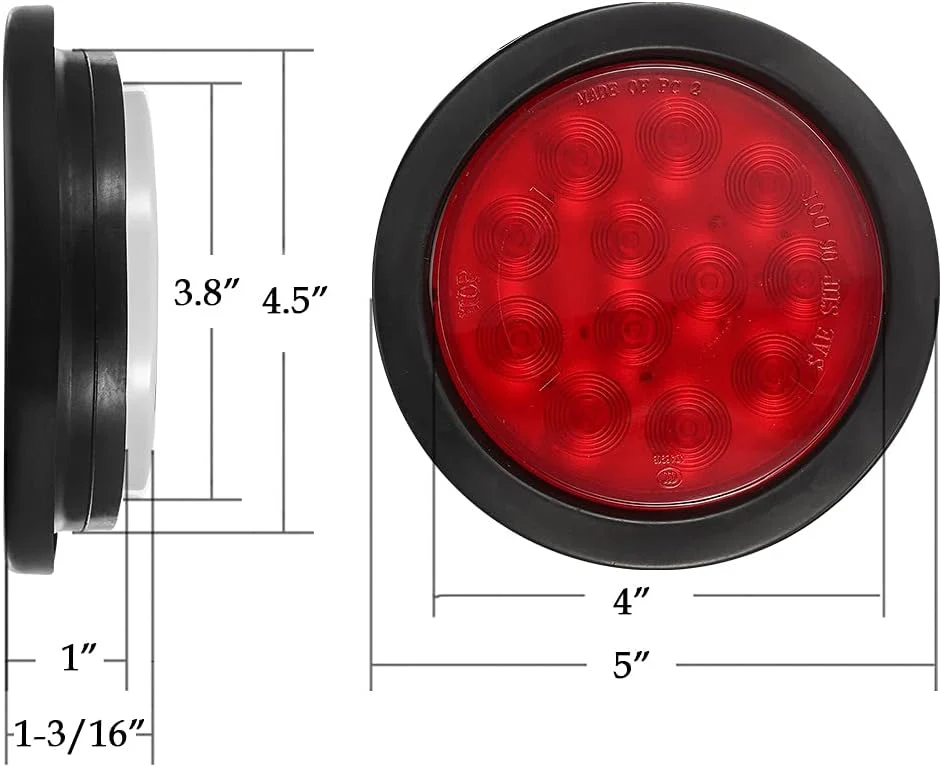 Partsam 4Pcs 4inch Inch Round Led Stop Turn Tail Back-up Reverse Fog Lights 12 LED Include Lights Grommet 3-Prong Wire Pigtails Round LED Trailer Tail Light Kit for Truck Trailer RV( 2 Red + 2 White) - Image 4