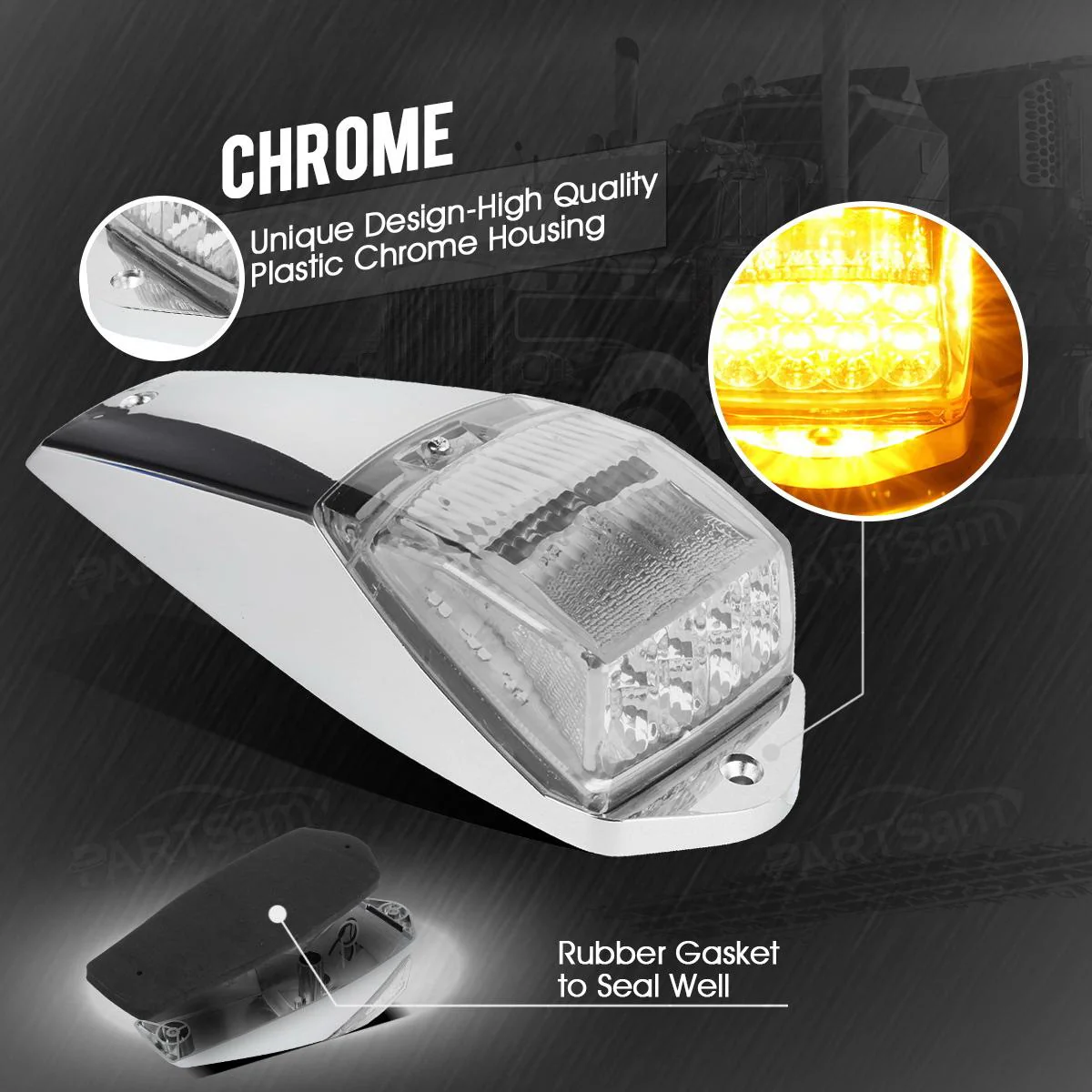 Partsam 5pcs Clear Lens 31LED Amber Cab Marker Top Roof Running Lights w/Chrome Base Compatible with Peterbilt/Kenworth/Freightliner//Western Star/Mack/International/Paccar Trailer Trucks - Image 6