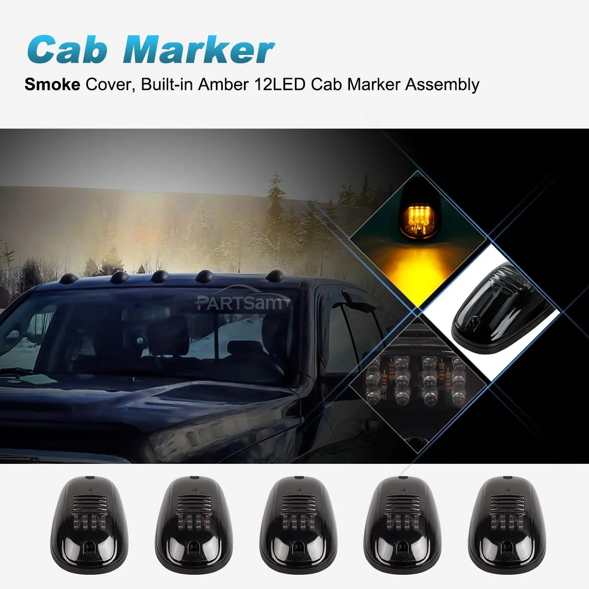 Partsam 5X Amber 24 LED Smoke Cab Roof Running Top Marker Lights 264146BK Assembly Wire Harness Replacement for 1500 2500 3500 4500 5500 2003-2018 Pickup Trucks - Image 3