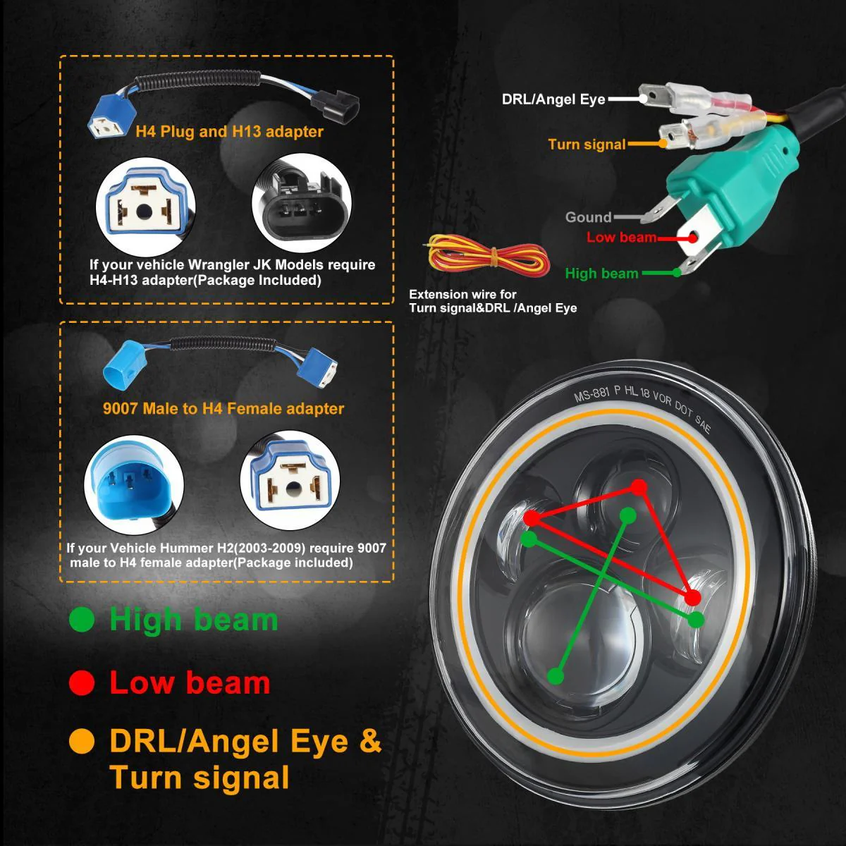Partsam 7'' Round LED Headlights Osram Chips DOT Approved H6024 High Low Beam White Halo Ring Angel Eyes DRL+Amber Turning Signal Lights Compatible with Jeep Wrangler JK LJ TJ CJ/Hummer H2 H1 (Pair) - Image 7