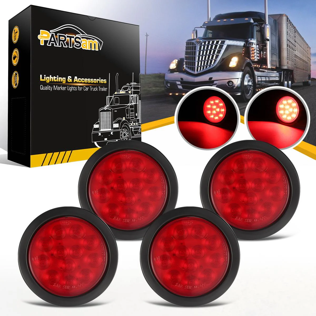Partsam 8Pcs 4inch Round Red LED Trailer Tail Light, 4 Inch Round Led Stop Turn Tail Lights Brake Brake Trailer Lights for RV Trucks, Rubber Grommets and 3-Prong Wire Pigtails Included - Image 3